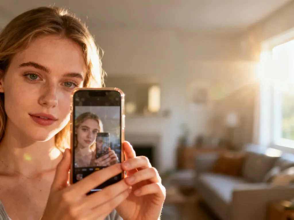 Młoda kobieta robi sobie autentyczne zdjęcie typu selfie za pomocą smartfona w przytulnym, nasłonecznionym salonie.
