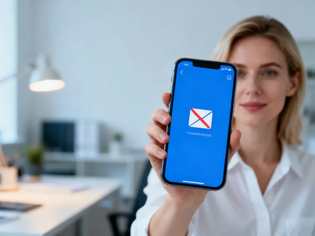 Smartfon w dłoni z ikoną zablokowanej wiadomości e-mail na ekranie, symbolizującą brak możliwości odpowiedzi.