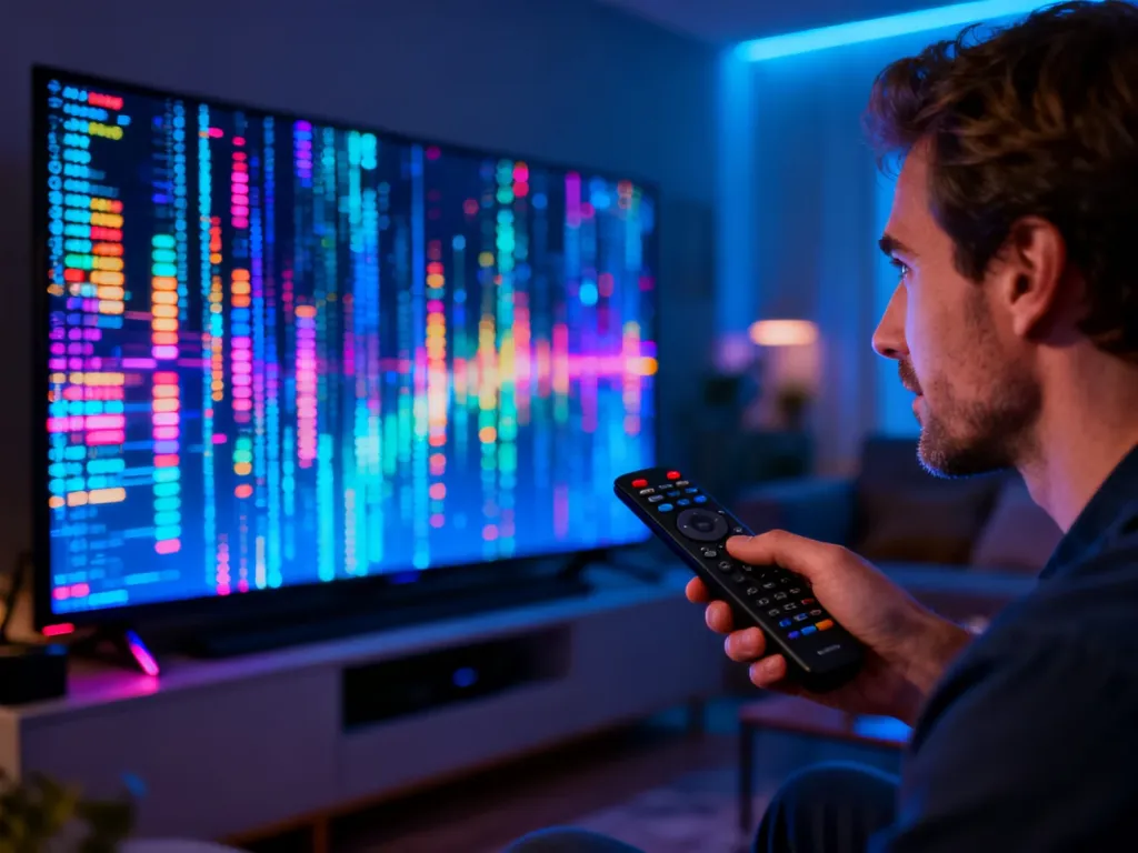 Mężczyzna trzyma pilot przed telewizorem wyświetlającym cyfrowe dane, co ilustruje działanie technologii IPTV.