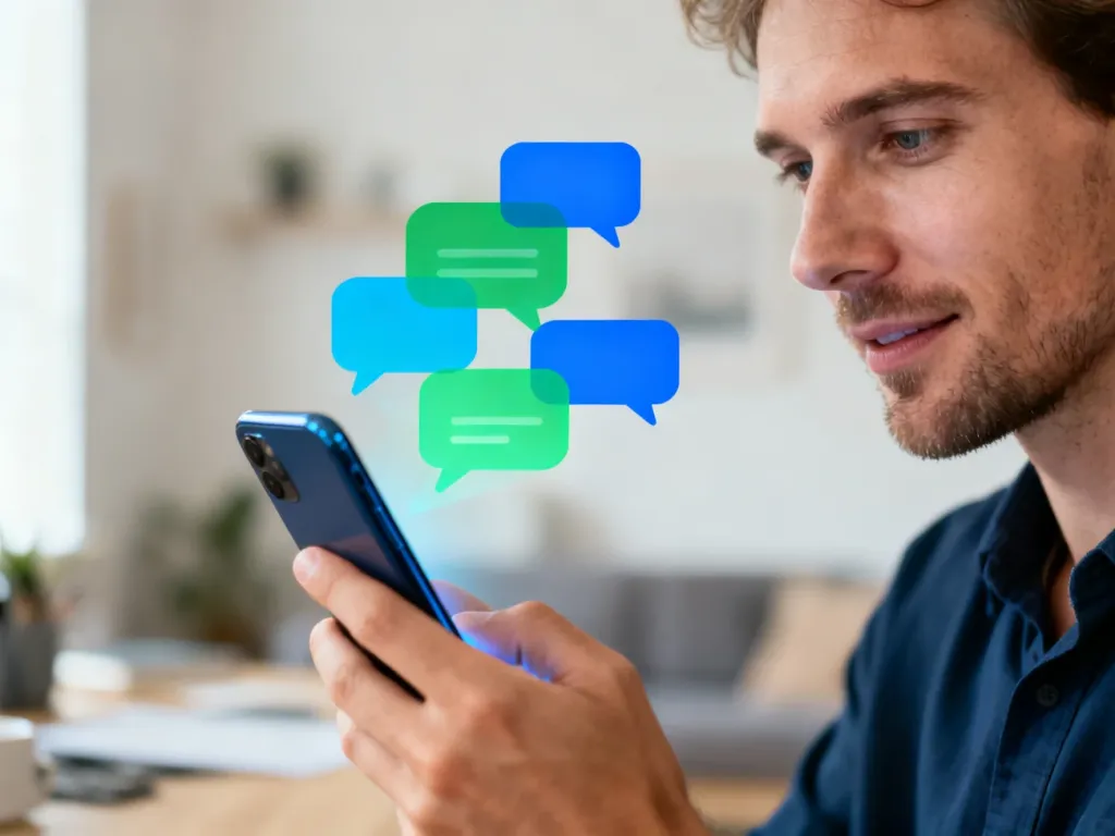 Mężczyzna trzymający smartfon z unoszącymi się nad ekranem kolorowymi dymkami wiadomości, symbolizującymi działanie iMessage.