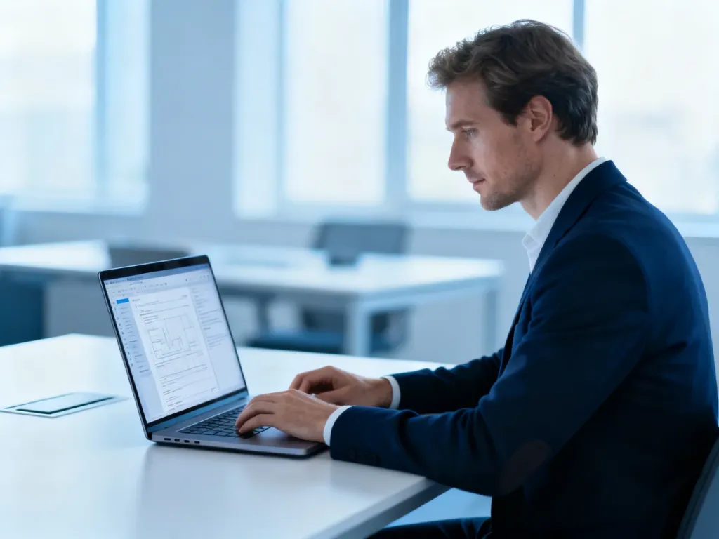 Pracownik biurowy obsługujący system EZD na nowoczesnym laptopie w jasnym, profesjonalnym wnętrzu.