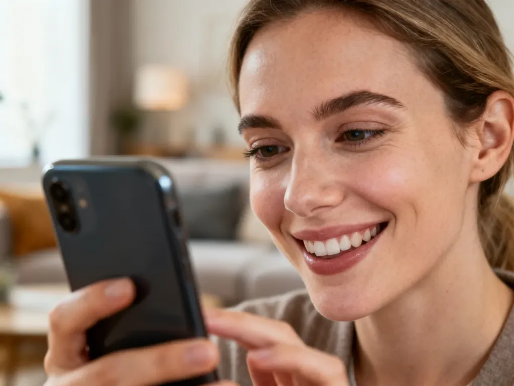 Kobieta uśmiecha się podczas rozmowy wideo na smartfonie w przytulnym salonie.