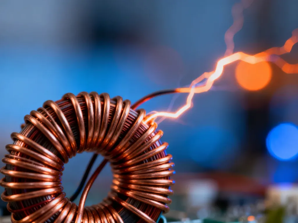 Zbliżenie na miedzianą cewkę przewodu elektrycznego, obrazujące strukturę materiału przewodzącego prąd.