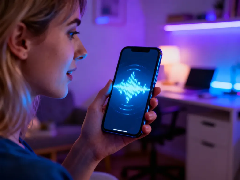 Kobieta trzymająca smartfon z wizualizacją fal dźwiękowych asystenta Bixby na ekranie w przytulnym biurze.