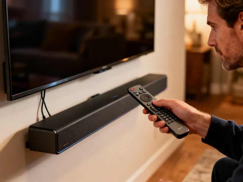 Mężczyzna sterujący pilotem nowoczesnym zestawem kina domowego z telewizorem i soundbarem.