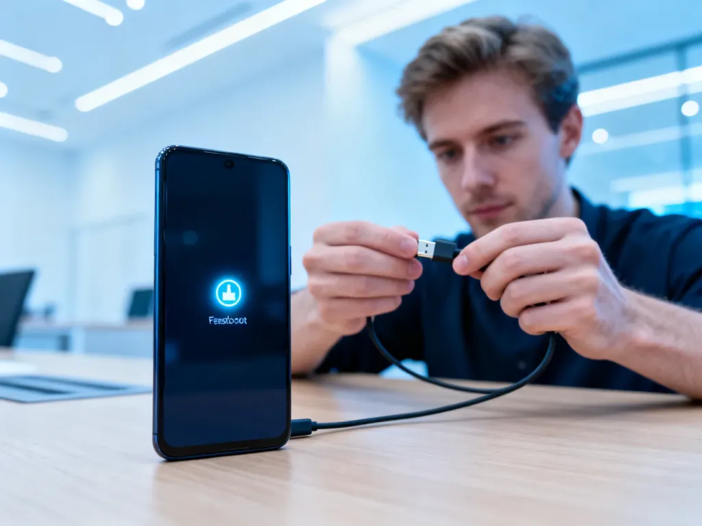Smartfon w trybie fastboot leżący na biurku, przygotowany do podłączenia kablem USB przez użytkownika.