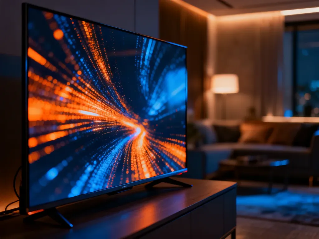 Nowoczesny telewizor wyświetlający obraz o wysokim kontraście i żywych kolorach w przytulnym salonie.
