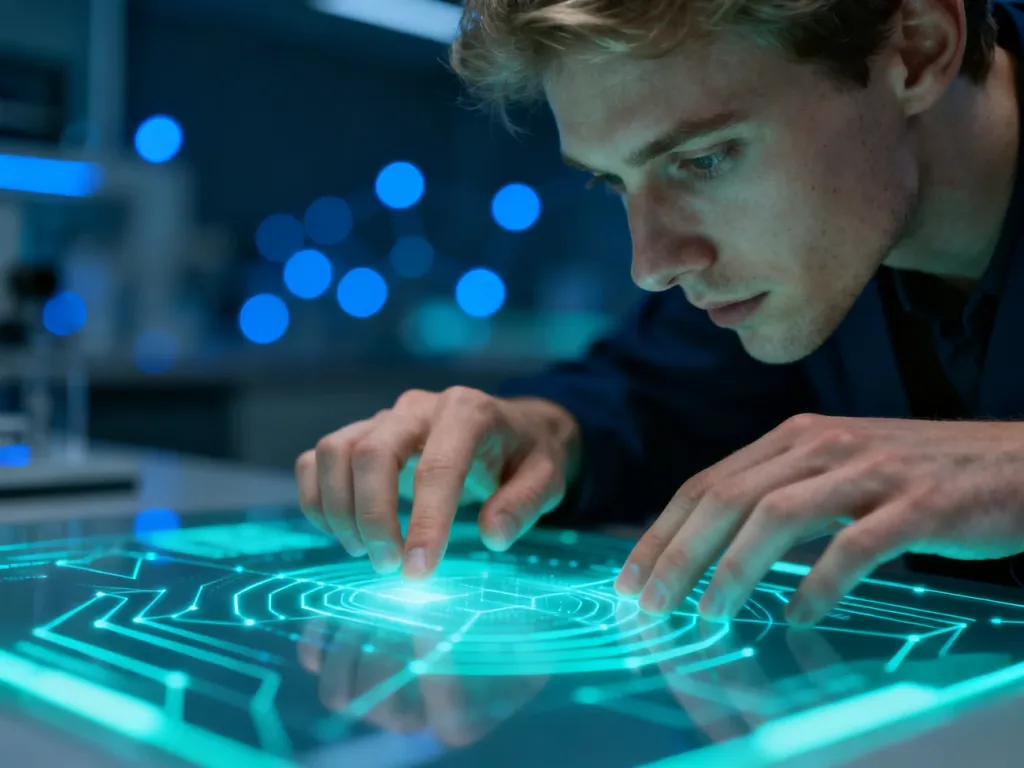 Dłonie dotykające holograficznego interfejsu, symbolizujące zaawansowaną technologię haptyczną i cyfrowe sprzężenie zwrotne.